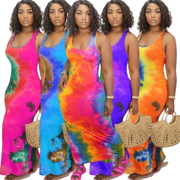 

2020 designers tie-dye printed women dresses sleeveless round neck long dress ladies sports casual fashion dresses plus size s-4xlf92910, Black;gray
