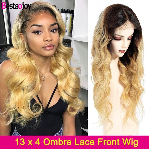 

ojoy] body wave 13x4 lace front 8"-24" m remy human hair wigs ombre 1b/27 body wave lace frontal wig 150% density, Black;brown