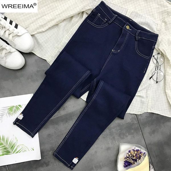 

selling korean fashion women jeans patchworks skinny pockets plus size solid color casual pants street style jeans z9241, Blue