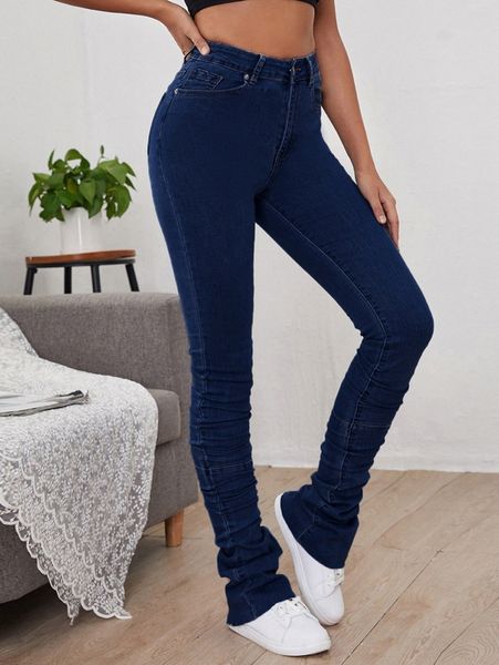 

high waist stacked jeans r355#, Blue