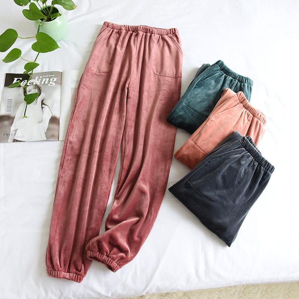 

autumn winter flannel pajama pants for men and women island fleece thickened warm homewear lovers coral fleece closed trousers, Black;red