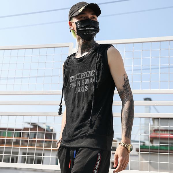 

2021 men crocheted patchwork half the hip hop tank with hoodie stage nightclub attire two pieces of hiphop sleeveless 73wf, White;black