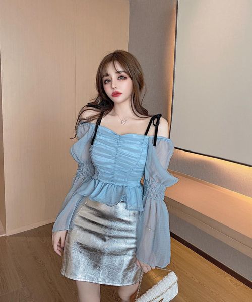 

2020 новый мило однострочного воротник тонкого расширяющейся рукав шифон верхней части + юбка бедра серебра, White