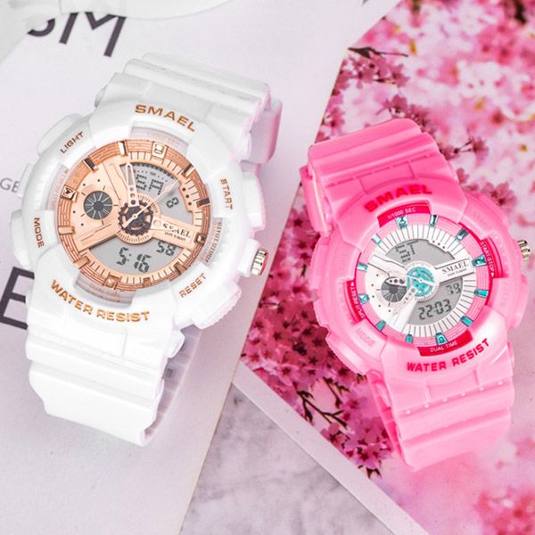 

new smael fashion ins style quartz ditigal womens mens watch high school student lovers watches white resin strap valentine's daya04a1, Slivery;brown