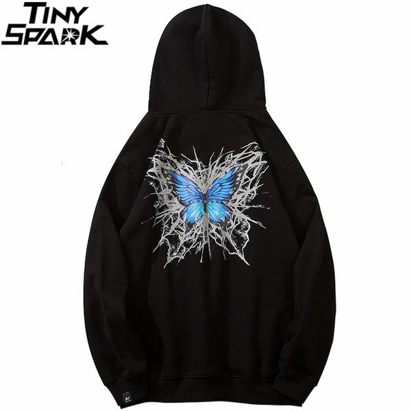 

mens hip hop streetwear hoodie blue butterfly print sweatshirt 2020 autumn winter harajuku hooded pullover casual sweat shirt, Black
