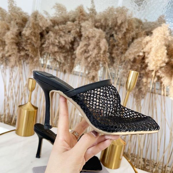 

new hollow breathable mesh woman thin high heels slippers summer femme shoes pumps sandals vintage square toe mules, Black