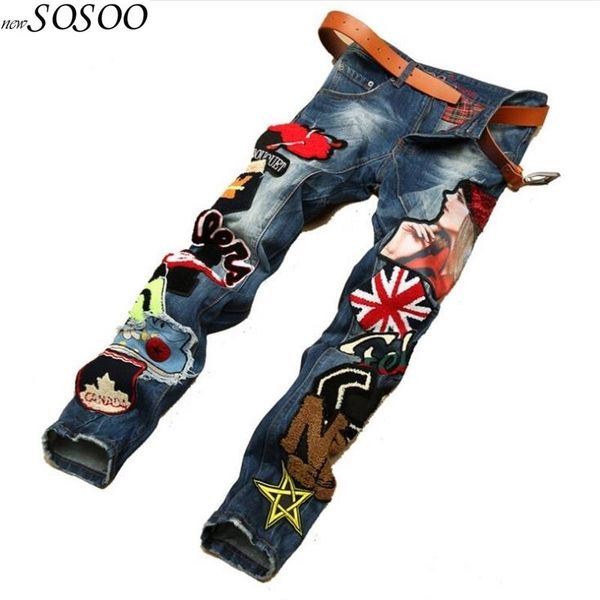 

new men jeans american style 100% cotton denim hip hop patchwork of national flag fashion jeans men #597 201117, Blue