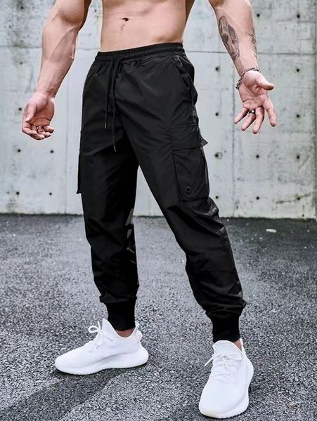 

men flap pocket side drawstring waist cargo pants x3qt#, Black
