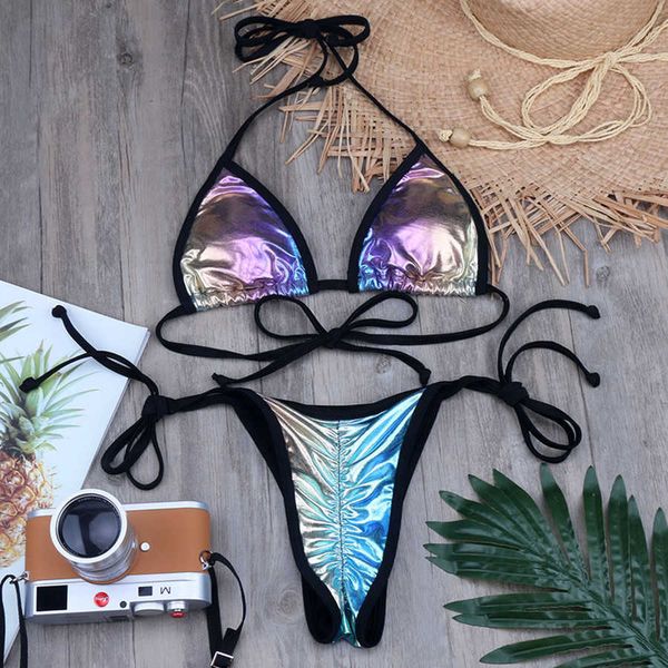 

2020 colorful gilded necktie three-point split bikini, White;black