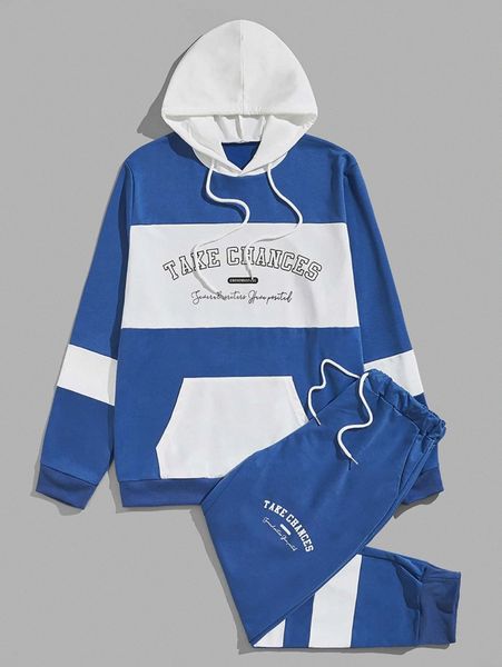 

men letter colorblock drawstring detail hoodie & sweatpants p3a0#, Gray