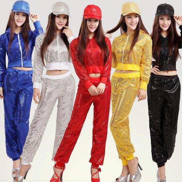 

девушка женщины современные sequined хип-хоп танцы топы + брюки костюм мужчины партии производительность танец одежда для взрослых джазовый, Black;red