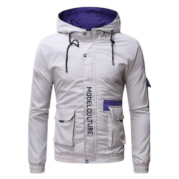 

men autumn jacket letter print hooded hit color jackets male casual wild loose coat new 2021, Black;brown