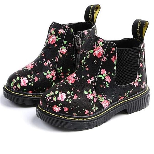 

fashion printing children shoes girls boots pu leather cute baby boots ankle kids girl martin shoes size 21-36 running shoes, Black;grey