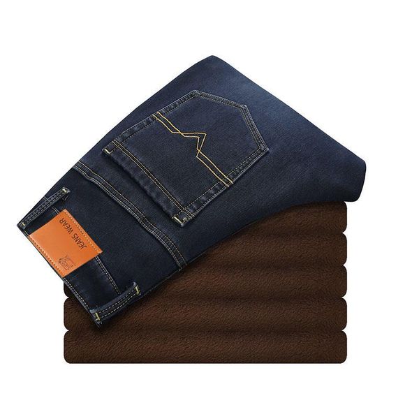 

2020 winter warm fleece business fashion thicken denim trousers stretch jeans mens plus size 40, Blue