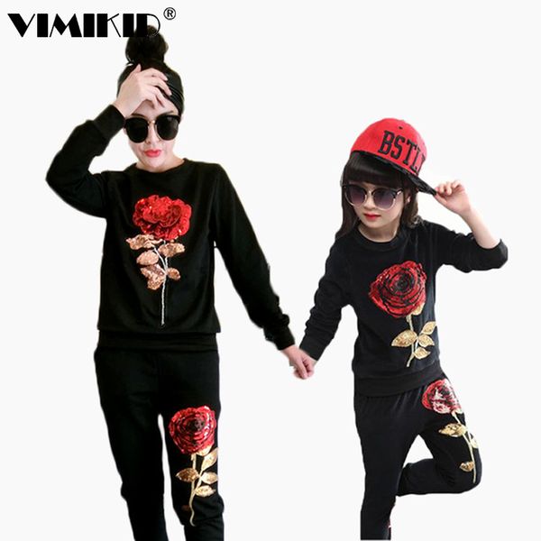 

new winter style family matching outfits mother and daughter long sleeve rose floral sweatshirt+pants suit lj201111, Blue