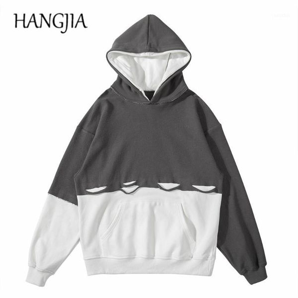

colorblock hip hop two hoody hoodies streetwear patchwork sweatshirt hoodie punk ripped hooded hoodies men long sleeve1, Black