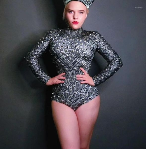 

women shining black dot crystals elastic tight-fitting bodysuits stretch close-fitting bodysuit dj singer dancer costume stage1, Black;white