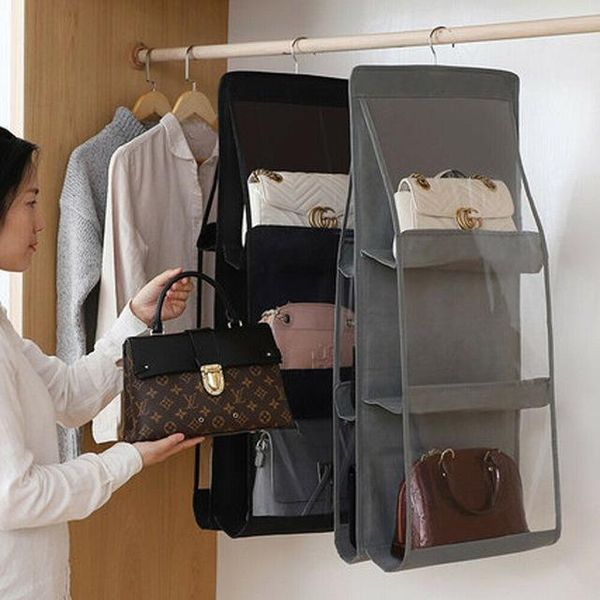 

6 pocket folding hanging large clear handbag purse storage holder anti-dust organizer rack hook hanger