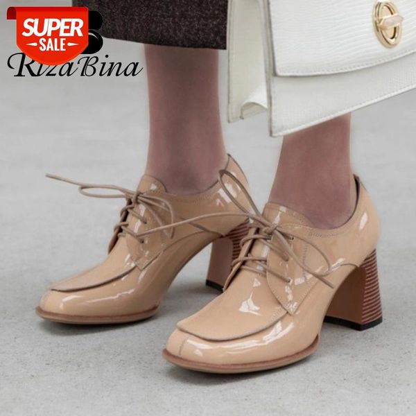 

rizabina real leather women pumps lacing bowtie shoes women high thick heel solid color party casual female footwear size 34-43 #wi1p