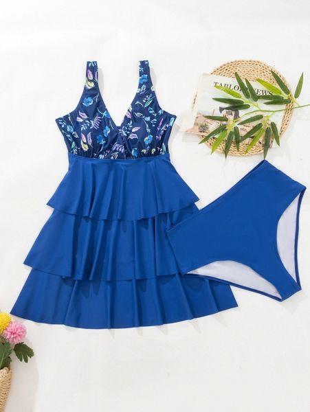 

plus floral print tiered layer swim dress with panty x3me#, Black