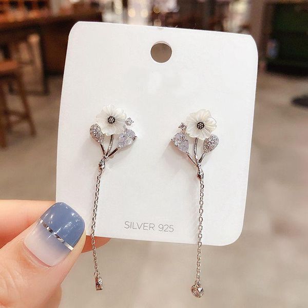 

dangle & chandelier high-end zircon crystal pendant natural shell flower drop earrings white gold color women brincos jewelry, Silver