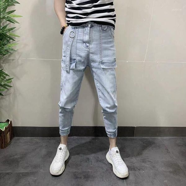 

2020 pants men's personality nine-point beamed pants simple solid color jeans denim cotton slim mid-waist washed1, Blue