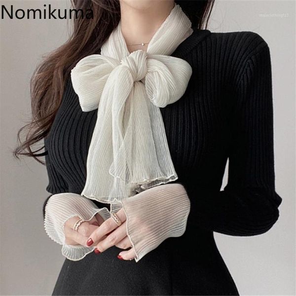 

women's sweaters nomikuma korean chic retro pit strip slim sweater women gauze bow knot patchwork long sleeve vintage pullover jumpers, White;black