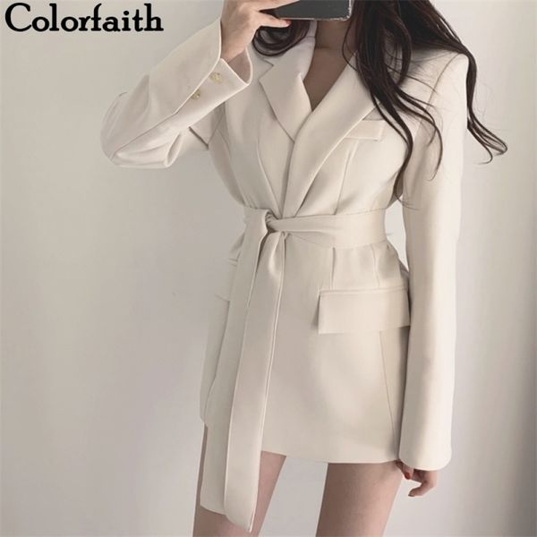 Colorfaith New Autunno Inverno Donna Giacche Office Ladies Lace up Intaglio Outwear formale Elegante Bianco Nero Top JK7040 201109