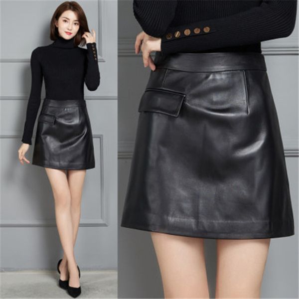 

2021 new fashion genuine real sheep leather skirt k6, Black