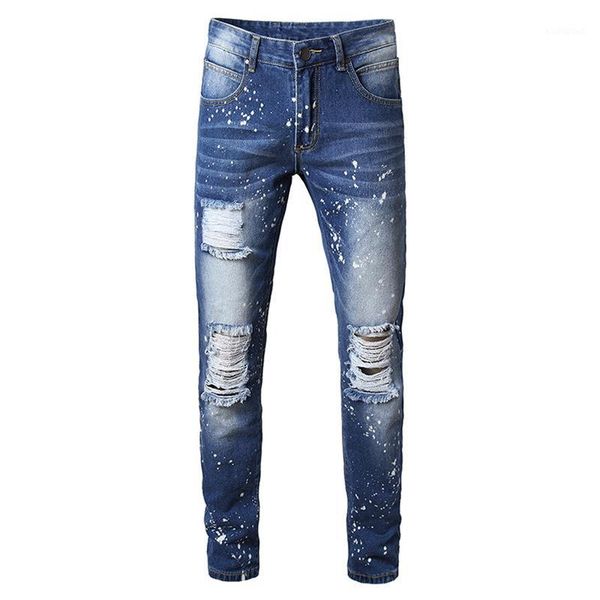 

2020 men's autumn new ripped faded denim pants youth loose straight jeans1, Blue