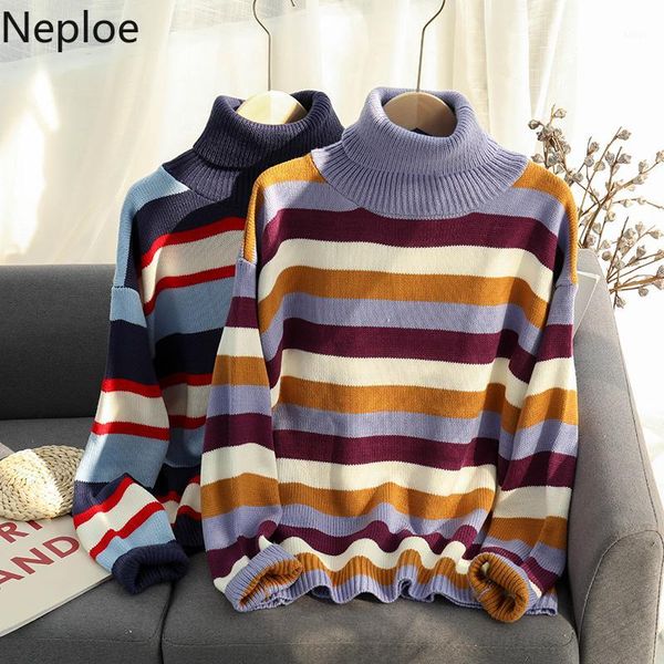 

neploe turtleneck contrast color stripe knitwear long sleeve autumn winter bottom sweater korean retro knit pullovers 561981, White;black