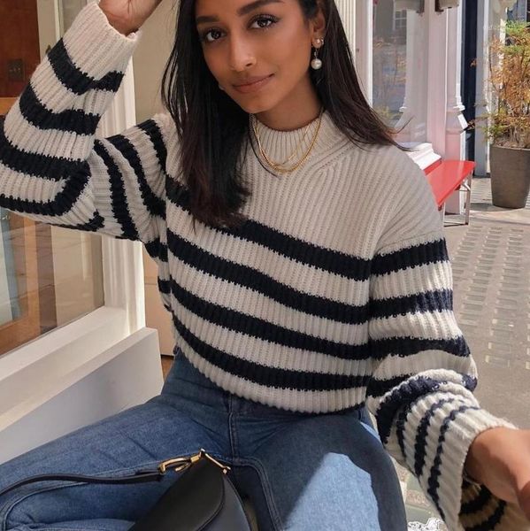 

fashion black white stripe knitted sweater crew neck loose long sleeve winter pullover casual home style sweater 20201, White;black