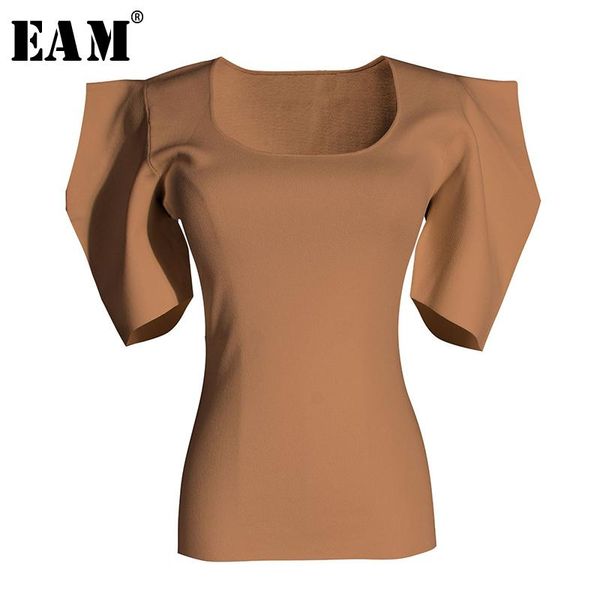 

eam] women black white knitting high elasitc t-shirt new round neck half puff sleeve fashion tide spring summer 2020 1w568