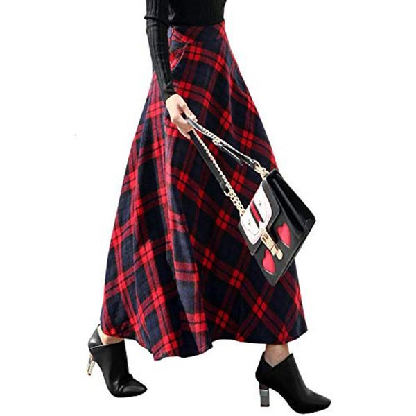 

autumn winter grid printed skirt women high elastic waist maxi skirt a-line plaid warm evening party flare long skirts red black