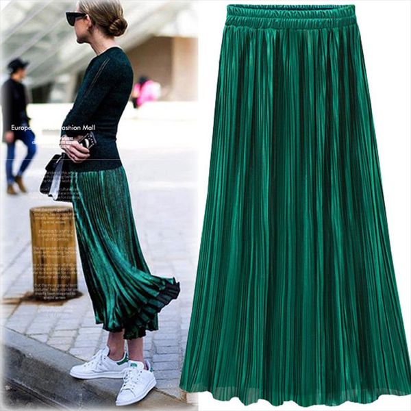 

silver gold pleated skirt womens vintage high waist skirt 2018 winter long warm skirts new fashion metallic female, Black