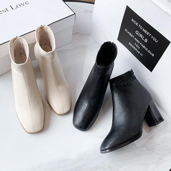 

short boots women 2020 autumn and winter new mid-heel soft leather all-match back zipper fashion boots shoes, Black