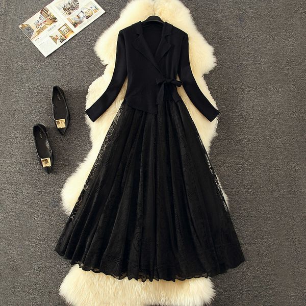 

elegant knitted lace dress 2020 fall winter long sleeve vintage red lace up long formal party dress lj201203, White;black