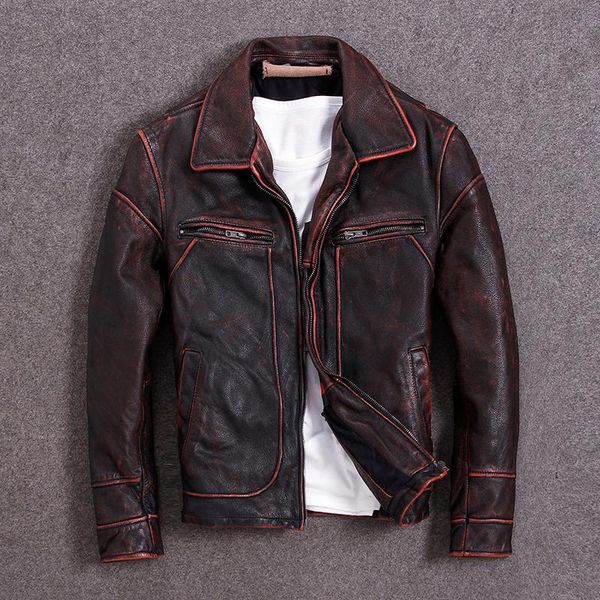 

vintage men leather jacket 100% cowhide vintage black red brown leather jackets men winter coat clothing m100