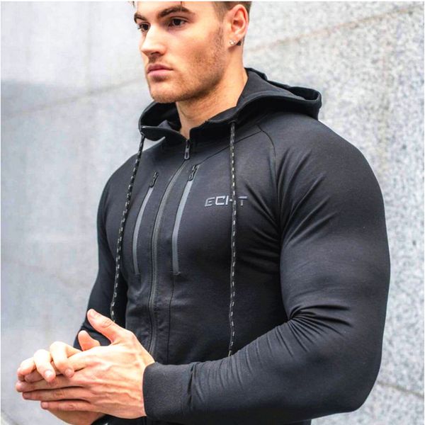 

muscle aesthetic tide pullover long sleeve running sports men's hooded sweatshirt, Black