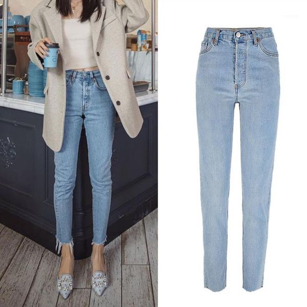 

women high-waisted skinny jeans 100% cotton ripped jeans for women denim vintage straight blue denim pants trousers1