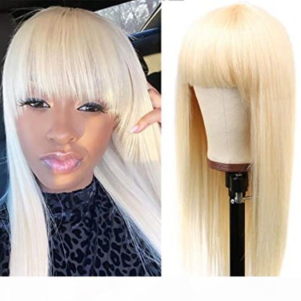 

blonde wig with bangs human hair for black women 150 density brazilian straight hair 613 blonde full maching wig none lace front wigs, Black;brown