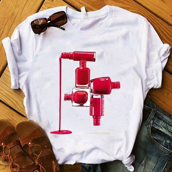 

women lady t shirt finger nail polish printed tshirt ladies short sleeve tee shirt women female clothes graphic t-shirt, White