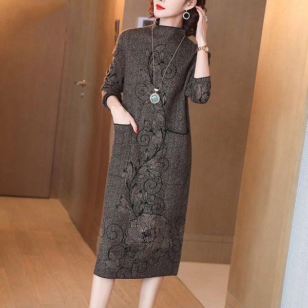 

casual dresses autumn and winter jacquard knitted dress women vintage warm mid-calf sweater lady elegant loose turtleneck, Black;gray