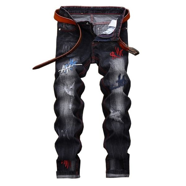 

men's embroidered straight casual jeans, fashion digner, hole, black, Blue