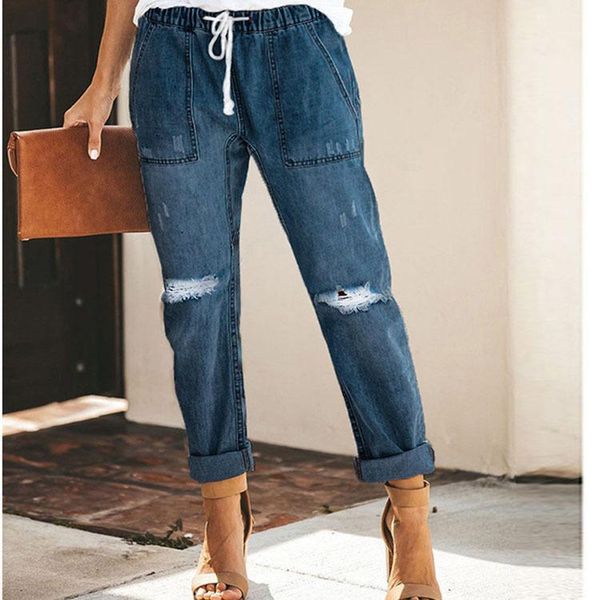 

fashion solid wide leg denim jeans hole office lady high waist pants loose trousers1, Blue