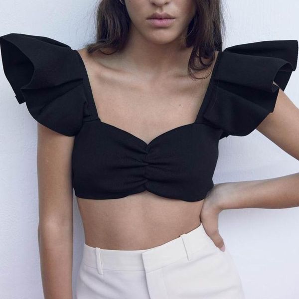 

women crop summer 2021 new fashion high stretch black knit blouse shirt lady ruffle sleeve, White