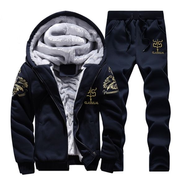 

style men autumn & winter casual sports men's warm suit teenager hoodie men's wear brushed and thick winter 2-piece set 1004, Gray