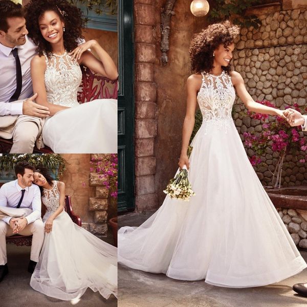 

stylish a line lace wedding dresses jewel neck bridal gowns plus size sweep train tulle robe de mariÃ©e, White