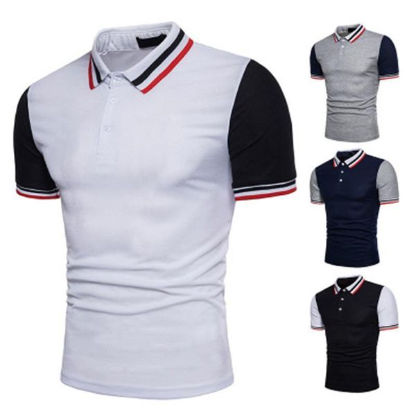 

man casual polos shirts fashion trend summer stripe print turn down collar tees designer male new patchwork thread short sleeve polos, White;black