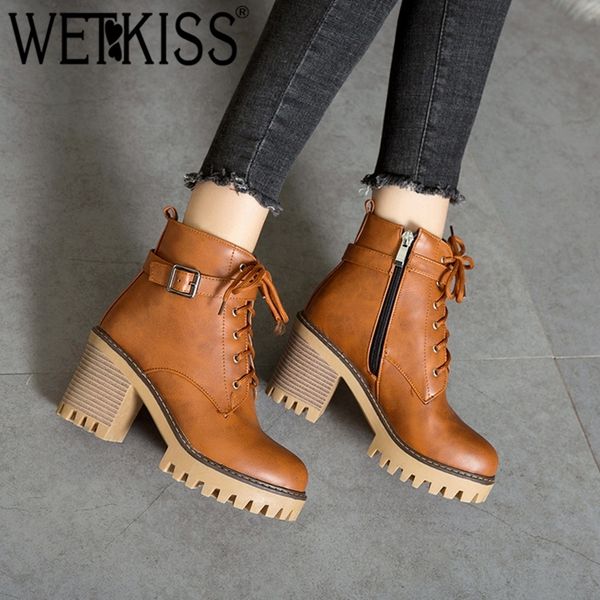 

wetkiss plus size 44 high heels ankle women boots round toe lace up footwear female motorcycle boot platform shoes women winter t200425, Black